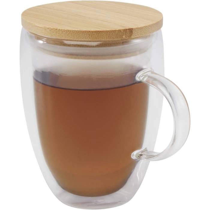 Leona üveg csésze bambusz fedéllel, 350 ml, átlátszó