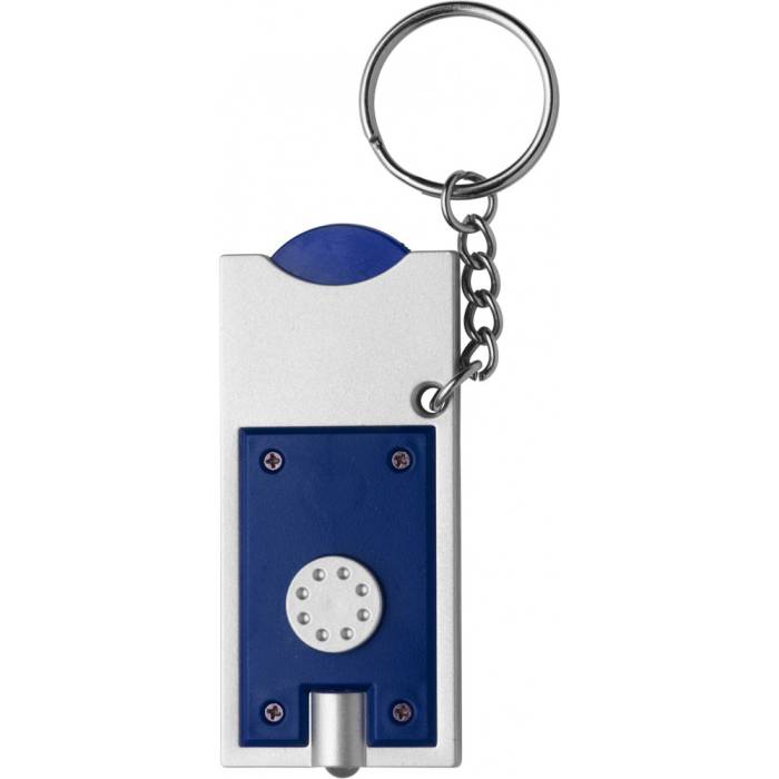 Világítós kulcstartó érmetartóval, ezüst/kék