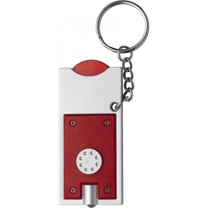 Világítós kulcstartó érmetartóval, ezüst/piros