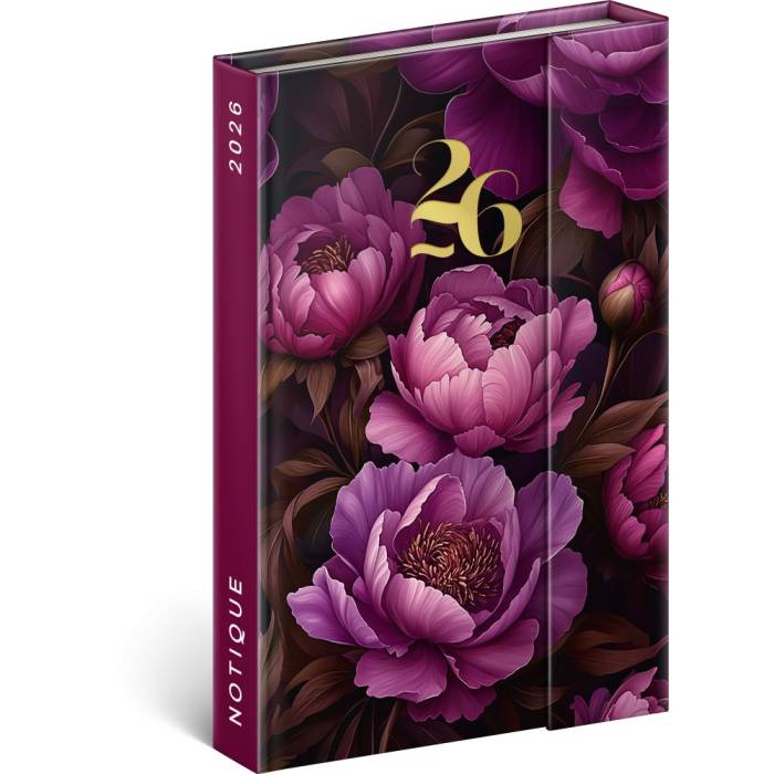 Mágnessel záródó agenda Purple Flowers 2026, 11 x 16 cm...