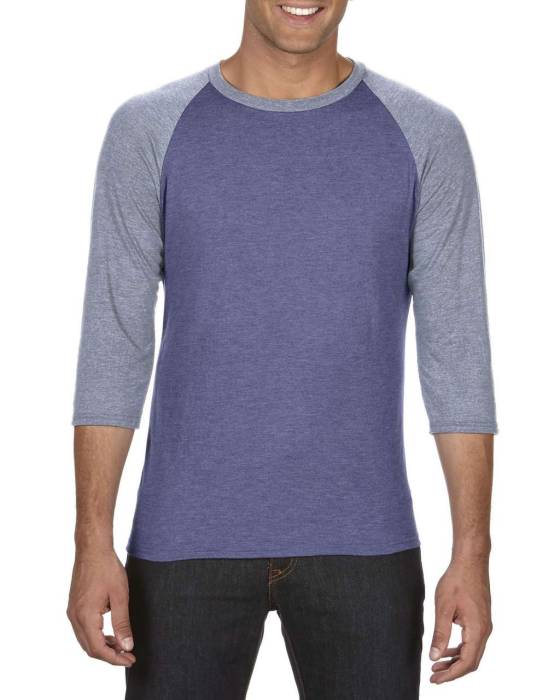 FELNŐTT TRI-BLEND 3/4 UJJÚ RAGLÁN PÓLÓ - Heather Blue/Heather Grey, #3A5DAE/#9EA2A2<br><small>UT-an6755hblu/hgr-l</small>