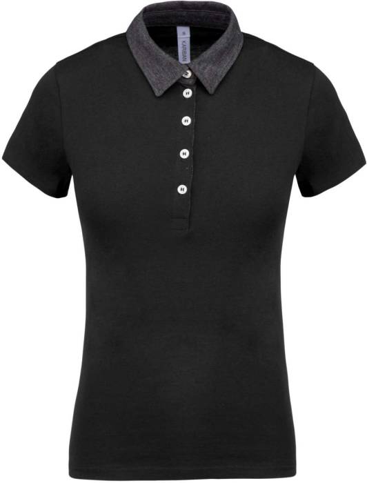 LADIES` TWO-TONE JERSEY POLO SHIRT - Black/Dark Grey Heather, #000000/#191D1F<br><small>UT-ka261bl/dgh-m</small>