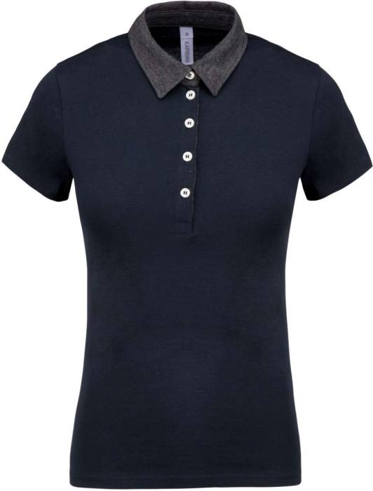 LADIES` TWO-TONE JERSEY POLO SHIRT - Navy/Dark Grey Heather, #253F6A/#191D1F<br><small>UT-ka261nv/dgh-xs</small>