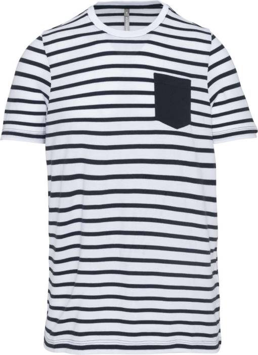 KIDS` STRIPED SHORT SLEEVE SAILOR T-SHIRT WITH POCKET - Striped White/Navy, #ffffff/#253F6A<br><small>UT-ka379swn-10/12</small>