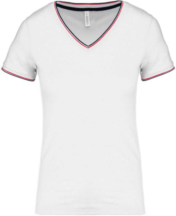 NŐI V-NYAKÚ PIQUÉ PÓLÓ - White/Navy/Red, #FFFFFF/#021E2F/#DA0043<br><small>UT-ka394wh/nv/re-2xl</small>