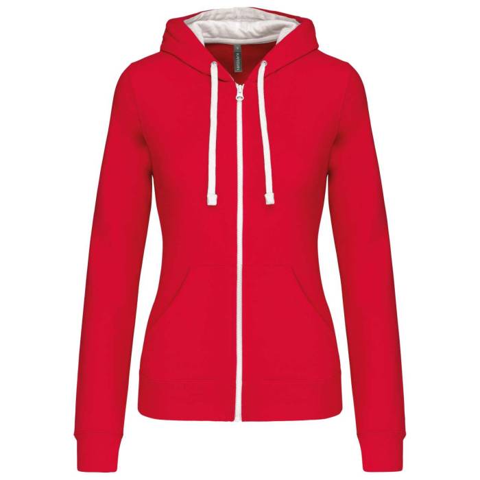 LADIES’ CONTRAST HOODED FULL ZIP SWEATSHIRT - Red/White, #DA0043/#FFFFFF<br><small>UT-ka467re/wh-2xl</small>