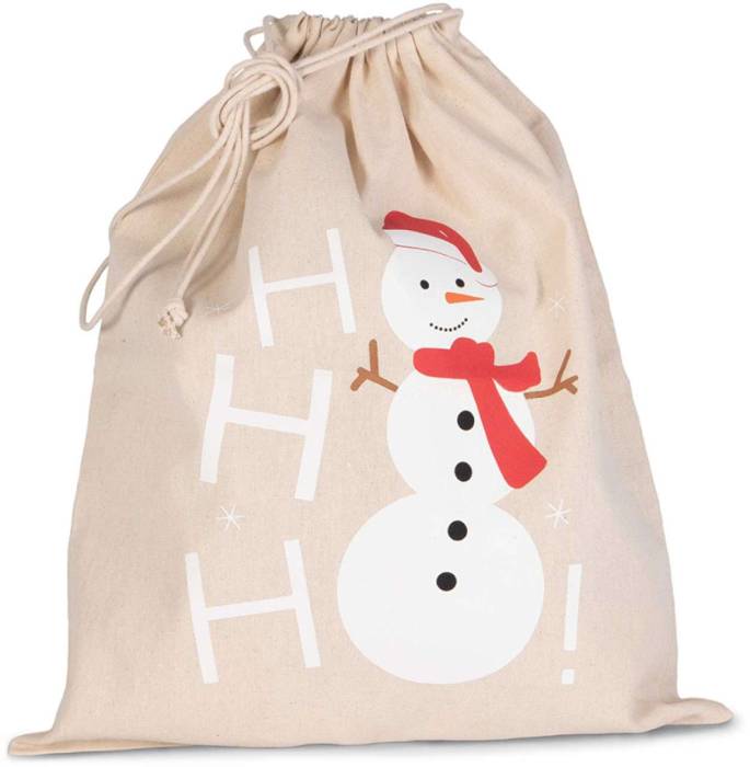 COTTON BAG WITH SNOWMAN DESIGN AND DRAWCORD CLOSURE