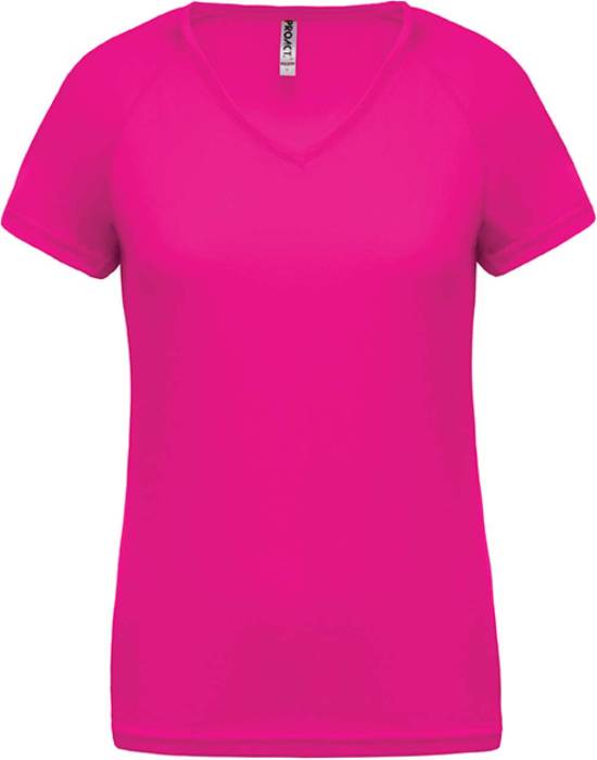 LADIES’ V-NECK SHORT SLEEVE SPORTS T-SHIRT - Fuchsia, #CB1758<br><small>UT-pa477fu-l</small>