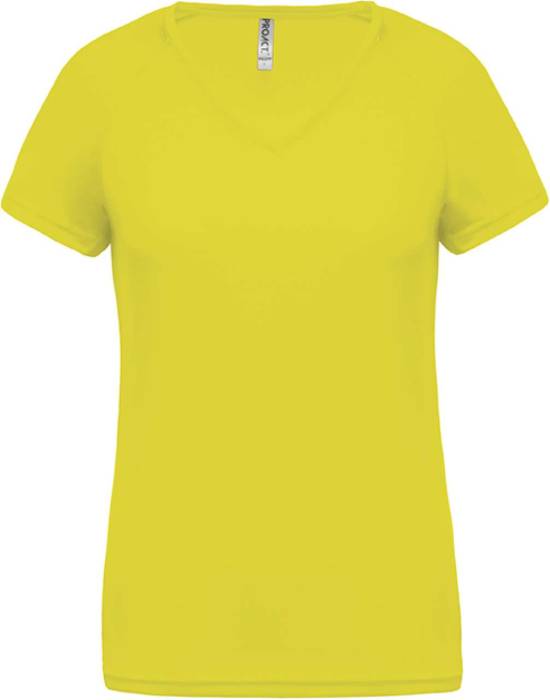LADIES’ V-NECK SHORT SLEEVE SPORTS T-SHIRT - Fluorescent Yellow, #D1FF2E<br><small>UT-pa477fye-l</small>
