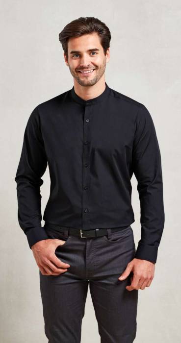 BANDED COLLAR `GRANDAD` LONG SLEEVE SHIRT - Black, #000000<br><small>UT-pr258bl-2xl</small>