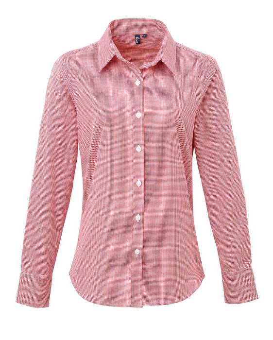 WOMEN`S LONG SLEEVE GINGHAM MICROCHECK SHIRT - Red/White, #DB1936/#FFFFFF<br><small>UT-pr320re/wh-xs</small>