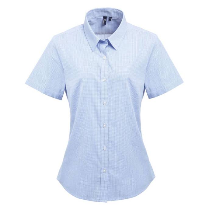 WOMEN`S SHORT SLEEVE GINGHAM MICROCHECK SHIRT - Light Blue/White, #87C2FF/#FFFFFF<br><small>UT-pr321lb/wh-xs</small>