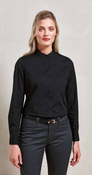 WOMEN’S BANDED COLLAR `GRANDAD` SHIRT - Black, #000000<br><small>UT-pr358bl-2xl</small>