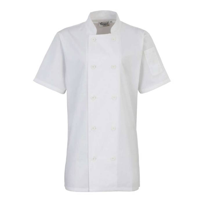 WOMEN`S SHORT SLEEVE CHEF`S JACKET - White, #FFFFFF<br><small>UT-pr670wh-xs</small>