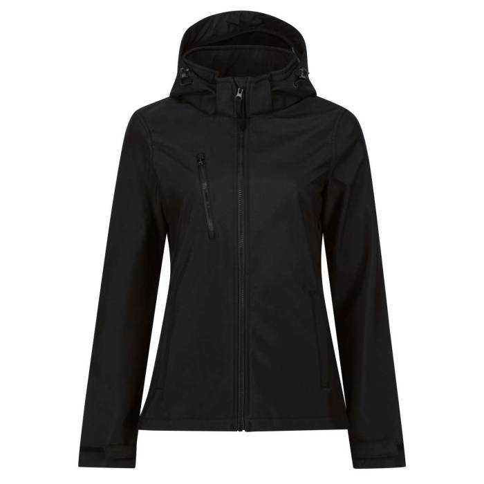 WOMEN`S VENTURER 3 LAYER HOODED PRINTABLE SOFTSHELL JACKET - Black/Black, #000000/#000000<br><small>UT-retra702bl/bl-8</small>