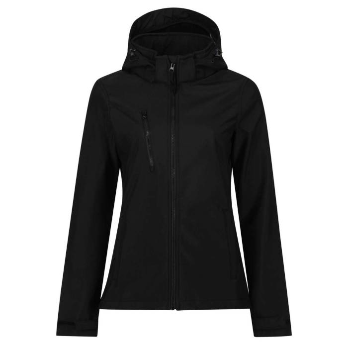 WOMEN`S VENTURER 3 LAYER HOODED PRINTABLE SOFTSHELL JACKET - Black/Classic Red, #000000/#C31623<br><small>UT-retra702bl/cre-16</small>