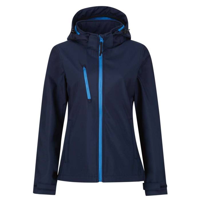 WOMEN`S VENTURER 3 LAYER HOODED PRINTABLE SOFTSHELL JACKET - Navy/French Blue, #131B38/#0072B5<br><small>UT-retra702nv/fbl-16</small>