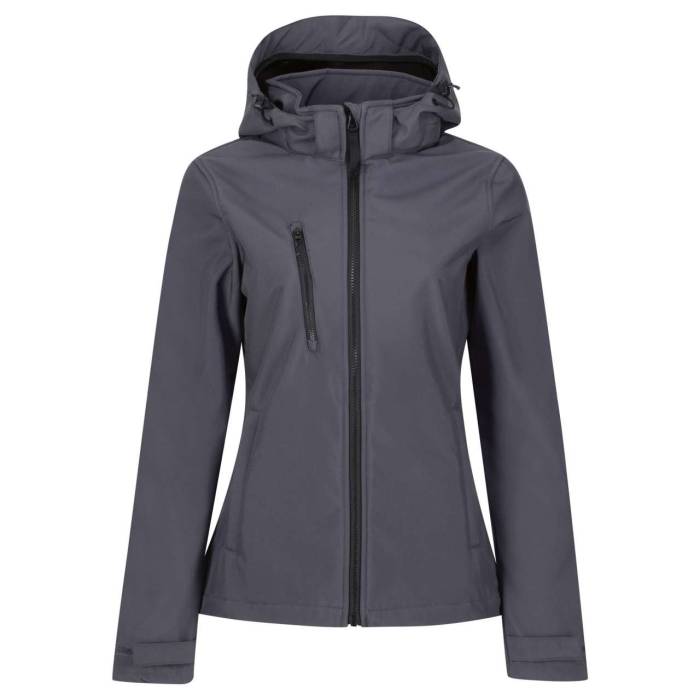 WOMEN`S VENTURER 3 LAYER HOODED PRINTABLE SOFTSHELL JACKET - Seal Grey/Black, #425159/#000000<br><small>UT-retra702sg/bl-20</small>