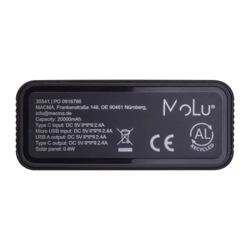 MoLu Tallahassee napelemes powerbank, 20.000 mAh