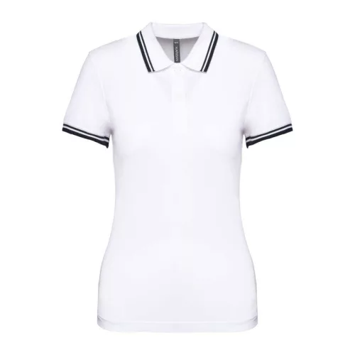 Ladie'S 2 Striped Short Sleeved Poloshirt (XS, White/Navy)