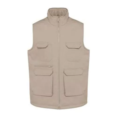 UNISEX PADDED MULTI-POCKET POLYCOTTON VEST (S, Beige)