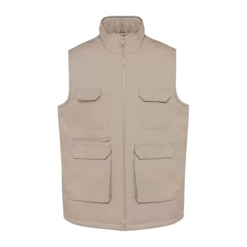 UNISEX PADDED MULTI-POCKET POLYCOTTON VEST (S, Beige)