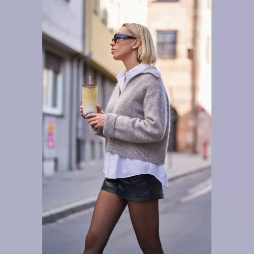 Üvegpohár szívószállal és bambusz fedéllel, 650 ml